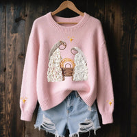 3D Digital-Print Womens Crew-Neck Loose Retro Jacquard Pullover Sweater