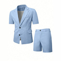 Mens Solid-Colored Gentleman Short-Sleeve Two-Piece Suit