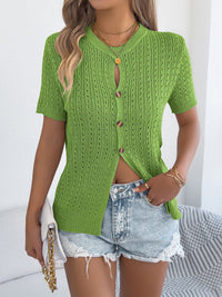WomenS  Solid Color Hollow Out Button Short Sleeve Knit Top