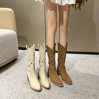 Embroidered Western Cowboy Boots With Chunky Heels And V Neck Cutout Knight Boots