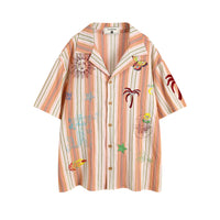 Fashion Vertical Stripes Mermaid Embroidered Short Sleeve Shirt