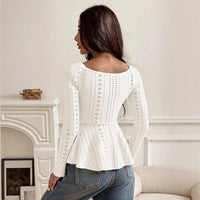 Winter New Elegant Women Solid Color U-neck Spliced Tie Lace Long Sleeve Top