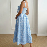 SpringSummer New Blue Jacquard Square-Neck French-Style Dress