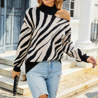 Half-high Collar Long Sleeves Tiger Pattern Sweater Off-the-shoulder Sweater