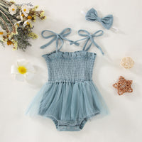 Summer Sling Pure Color Mesh One-piece Romper Bow Headdress Two-piece Set