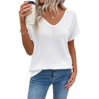 Women's European And American Leisure V-neck Short-sleeved Hollow-out White T-shirt