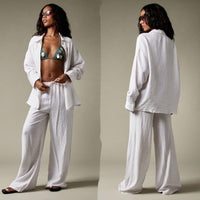 Solid-color Relaxed-fit Wide-leg Pants 2-piece Set