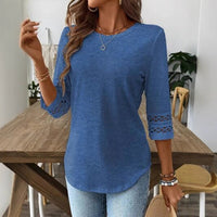 Womens Casual T-Shirt With A Crew Neck Patchwork Lace And Three-Quarter Sleeves