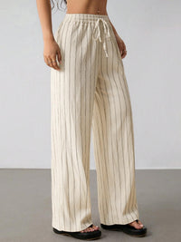 Women's Casual Striped Drawstring Elastic Waist Contrasting Color Wide Leg Pants