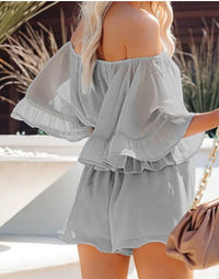 Patchwork Short Sleeve Loose Solid Color Chiffon Jumpsuit