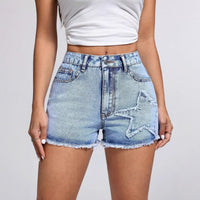 Womens Casual Stylish Raw-edge Star Denim Shorts