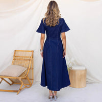 Elegant Waist Cinched Womens Denim Swing Dress With Short Sleeves
