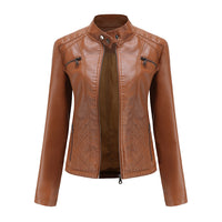 Women's Casual Leather Clothing Stand Collar Jacket