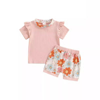 Girls' Flower Printed Short-sleeved Top Shorts Suit