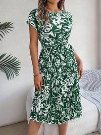 Women's Elegant Floral Print Short Sleeve Flowy Pleated Dress