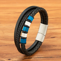 Multi-layer Mens Leather Braided Rope Stainless Steel Bracelet