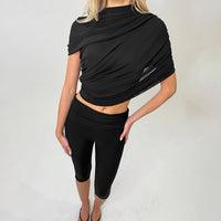 Solid-color Sexy Slim-fit Draped Capri Pants Set