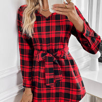 Fashionable Overseas Trade Plaid Long-Sleeve Belted Dress