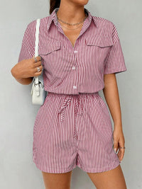 Striped Casual Short-sleeve Belted Jumpsuit