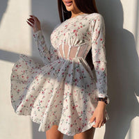 Womens Sexy Mesh Hollow-Out Patchwork Printed Dress