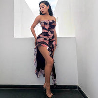 Floral Maxi Dress With High Slit Open Back And Fitted Waist