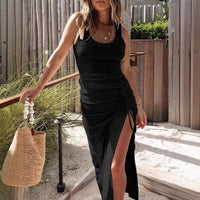 Womens Side-Slit Drawstring Bodycon Dress