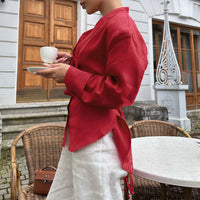New Lace-up Waist Cotton And Linen Ribbon Shirt Women's Design Sense