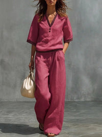 Cotton-Linen V-Neck Casual Comfortable Short-Sleeve Shirt And Pants Set