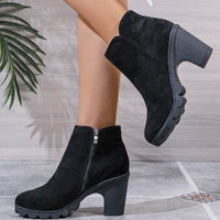 Chunky Heel Round Toe Side Zipper Ankle Boots