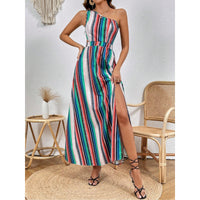 Womens Striped Printed One-Shoulder Slit Thigh-Length Dress