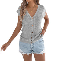 Casual Solid Color Button V-Neck Knitted Vacation Top