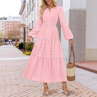 V-neck, Waist-cinched, Layered Puffed-sleeve Dress Fashionable Ruffled Maxi Skirt