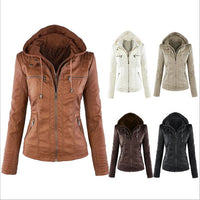Detachable hooded lapel zipper long-sleeved solid color women's leather