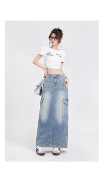 Women's A- Line Denim Skirt Fashion Wash Long Skirt