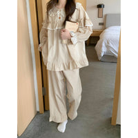 Loose, Breathable Cotton-linen Plaid Long-sleeve Loungewear Set For Indoor And Outdoor Wear