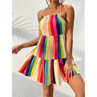 Rainbow Striped Lace Up Slip Dress
