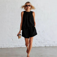 Cotton-linen Sleeveless Top And Wide-leg Shorts Set