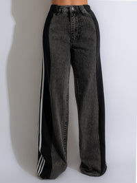 Summer Fashion Stitching Three Striped Wide Leg Denim Trousers For Women