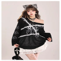 Retro Graffiti Lace Shoulder Knitted Hoodie Long Sleeve T-shirt For Women