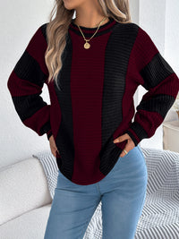 Women Casual Color Block Stripe Lantern Sleeve Pullover Sweater