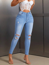 Elastic Slim-fit Women's Stylish Ripped Jeans