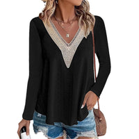 Lace-trimmed Patchwork V-Neck Plus-Size Long-Sleeve T-Shirt