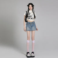 A-line Figure-flattering Vintage-style Lined Blue Denim Skirt For Women
