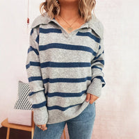 Simple Commute Stripes Contrast Color Lapels Loose-fitting Long Sleeve Sweater