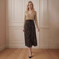 V-neck Spliced Drapey Fabric Leopard Print Long-Sleeve Dress