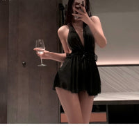 Deep V Halter Nightdress Backless Design See-through Double-layer Mesh