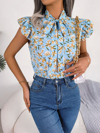 Women's Casual Floral Print Ruffle Trim Tie Bow Chiffon Blouse