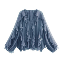 Women's Laminated Fashion V-neck Long Sleeve Shirt