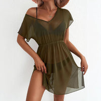 Womens Short-Sleeve Waist-Cinching Mesh Dress