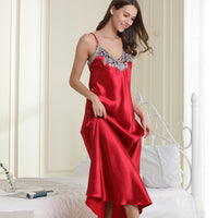 Faux silk lace sexy V-neck long suspender nightdress
